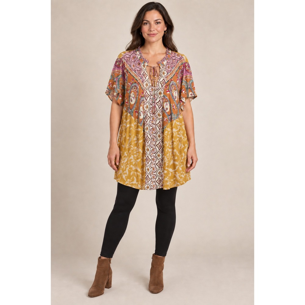 UMGEE Womes L Tunic Top Mustard Multicolor Floral Paisley Boho Rayon Short Slee